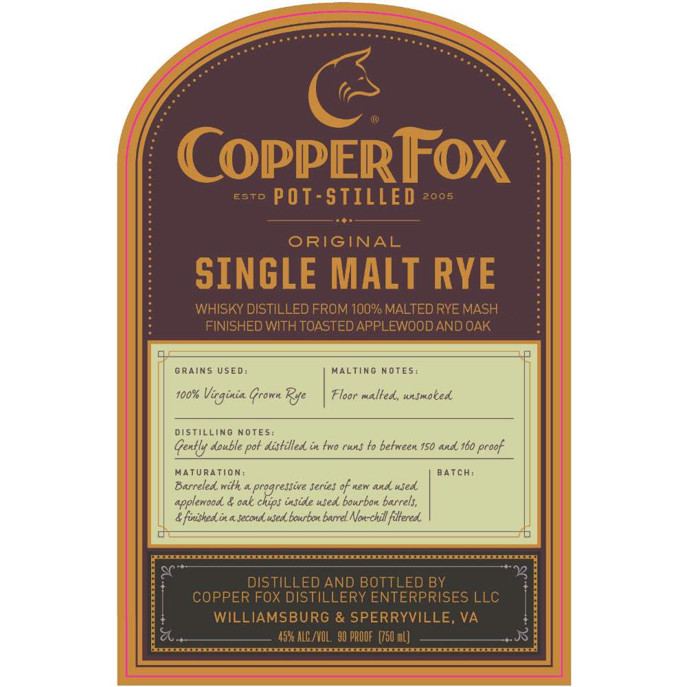 Buy Copper Fox Original Single Malt Rye Whiskey Online Reup Liquor