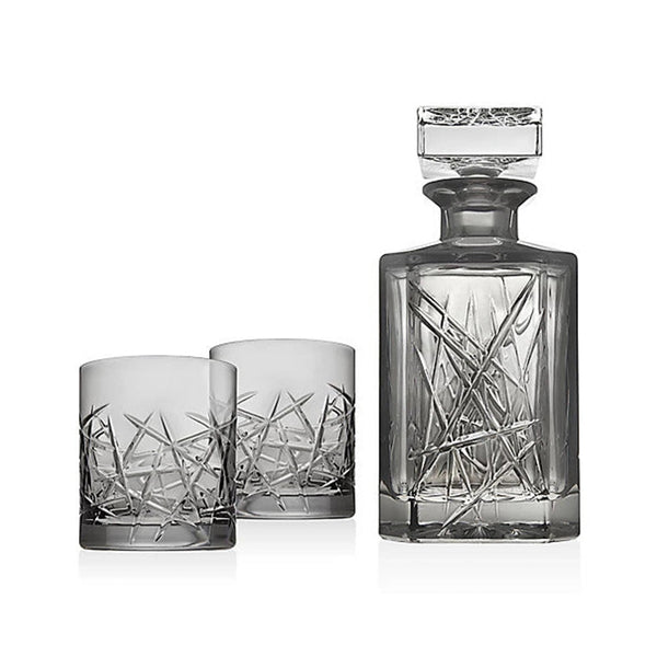 Top Shelf Hand Cut Crystal Decanter with Two Crystal Double Old Fashioned Glasses Graffiti Bar Set